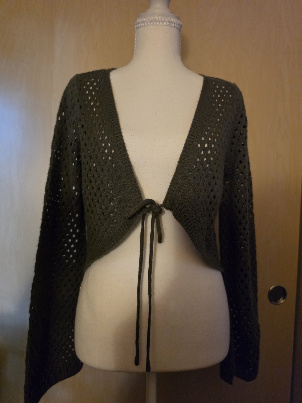 Almost Famous Fairycore Boho Olive Open Knit Shrug Tie Crop Sweater Large